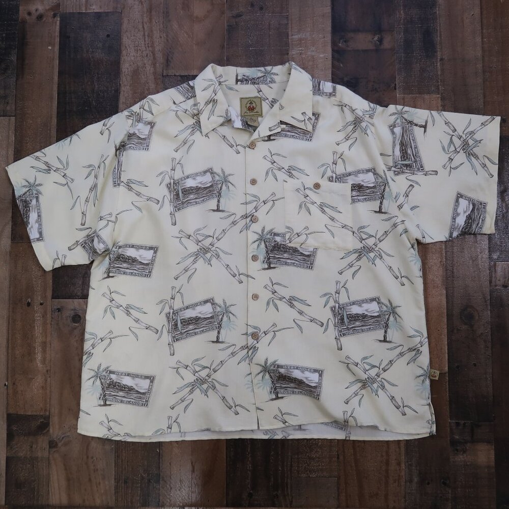 Joe Marlin Mens 2X Hawaiian Camp Shirt Bamboo West Indies Stamp Vacation